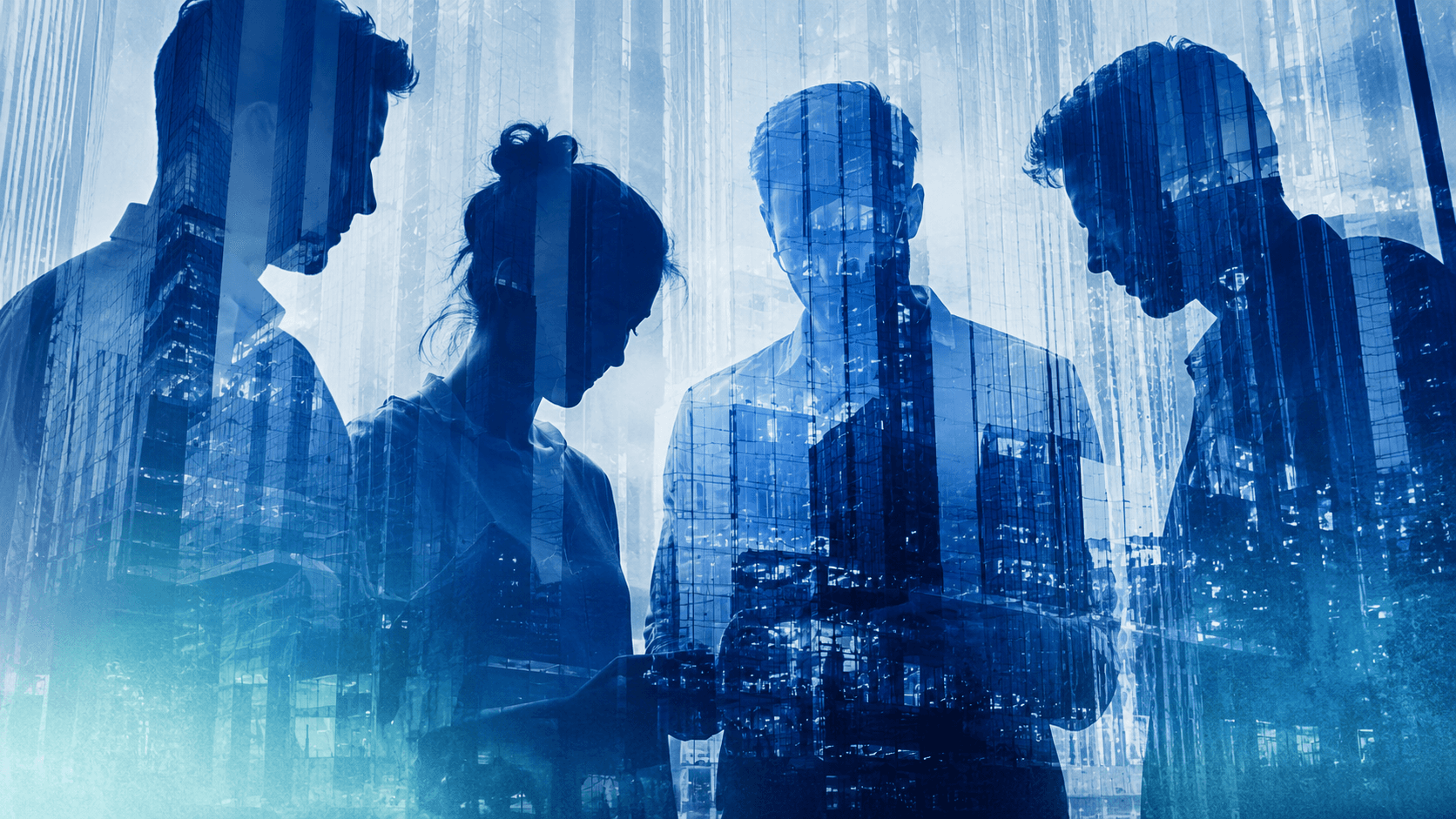 Professional team collaborating, integrated with the urban and corporate environment.